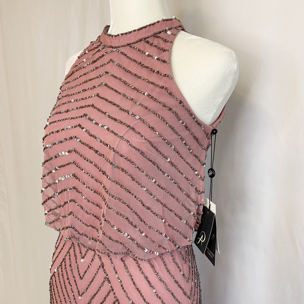 Adrianna Papell Art Deco Beaded Blouson Dress w/ Halter Neckline in Rose Mercury - Picture 9 of 14